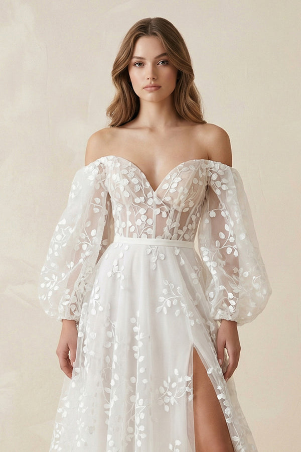 Plunging V-Neck Allover Lace Bohemian Wedding Dress with Sleeves– Wedding Dresses by KissProm | Available at KissProm