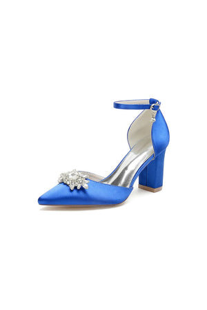 Pointed Toe Ankle Strap Chunky Heel With Rhinestone - KissProm