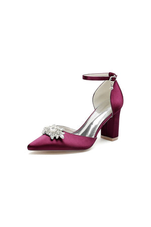 Pointed Toe Ankle Strap Chunky Heel With Rhinestone - KissProm