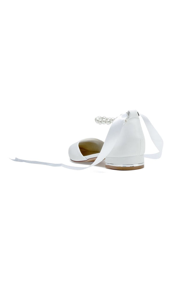 Pointed Toe Ankle Strap Pearl Beaded Ivory Ribbons Low Heels - KissProm
