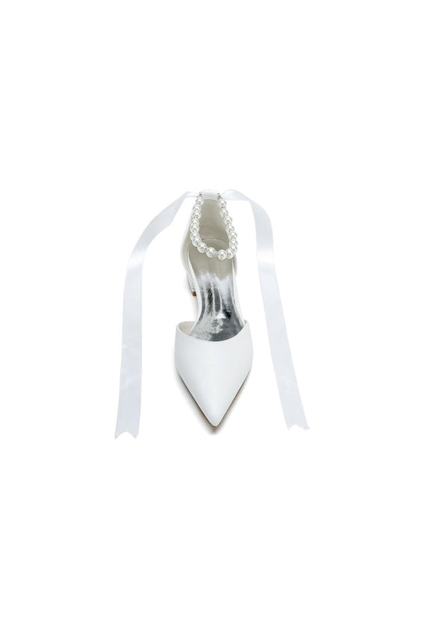 Pointed Toe Ankle Strap Pearl Beaded Ivory Ribbons Low Heels - KissProm