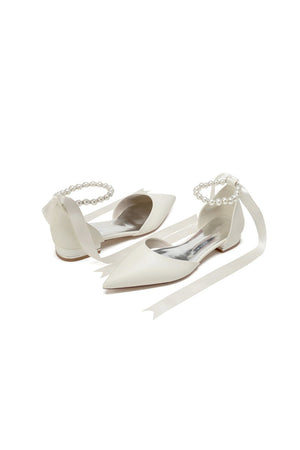 Pointed Toe Ankle Strap Pearl Beaded Ivory Ribbons Low Heels - KissProm
