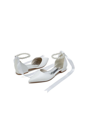 Pointed Toe Ankle Strap Pearl Beaded Ivory Ribbons Low Heels - KissProm