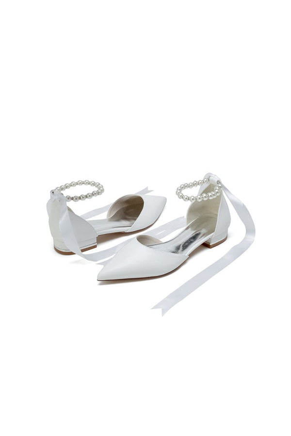 Pointed Toe Ankle Strap Pearl Beaded Ivory Ribbons Low Heels - KissProm
