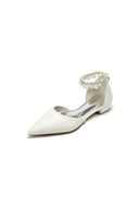Pointed Toe Ankle Strap Pearl Beaded Low Heels - KissProm