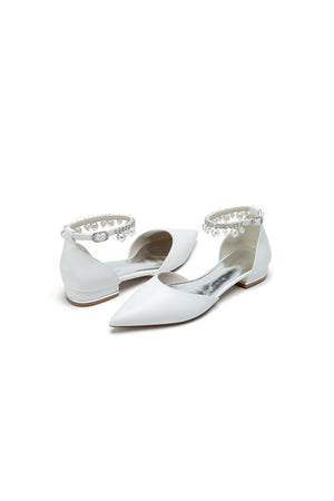 Pointed Toe Ankle Strap Pearl Beaded Low Heels - KissProm