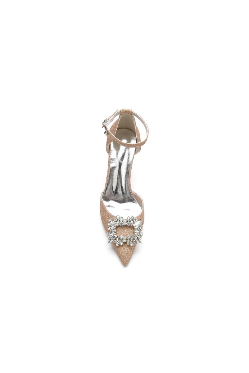 Pointed Toe Ankle Strap Stiletto Heels With Rhinestone - KissProm