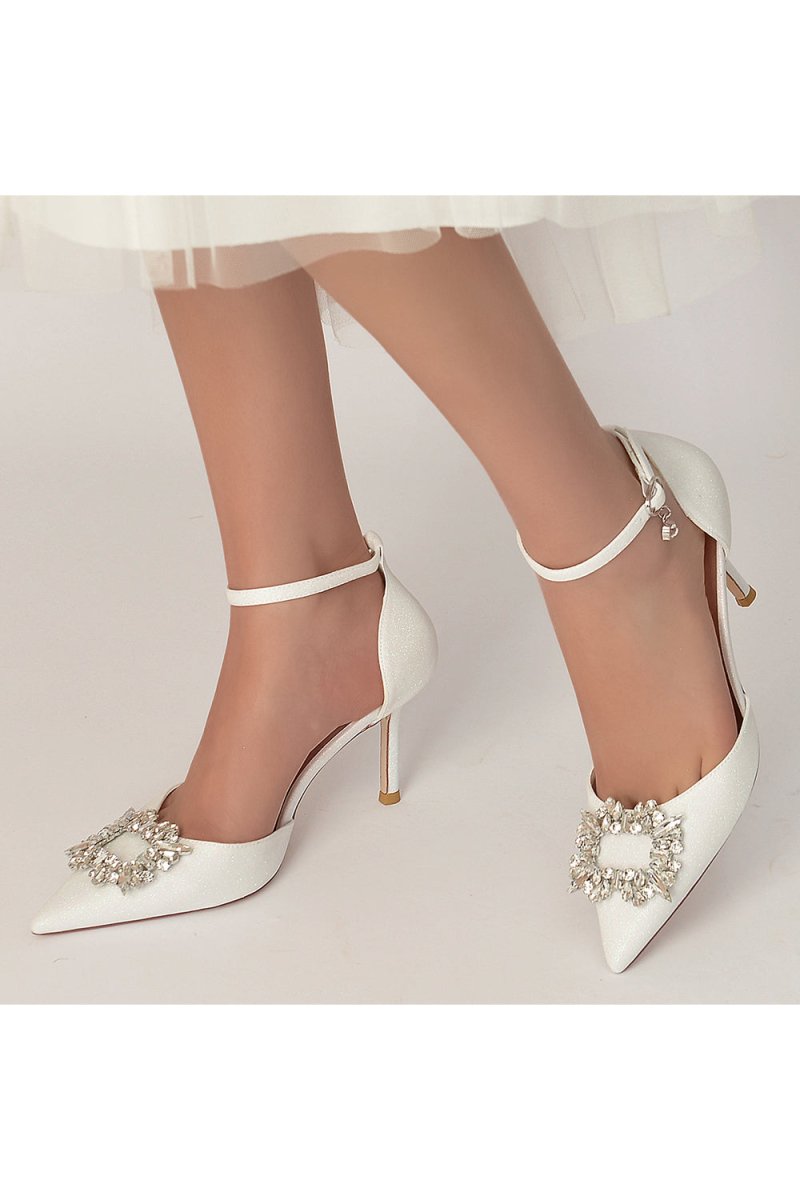 Pointed Toe Ankle Strap Stiletto Heels With Rhinestone - KissProm