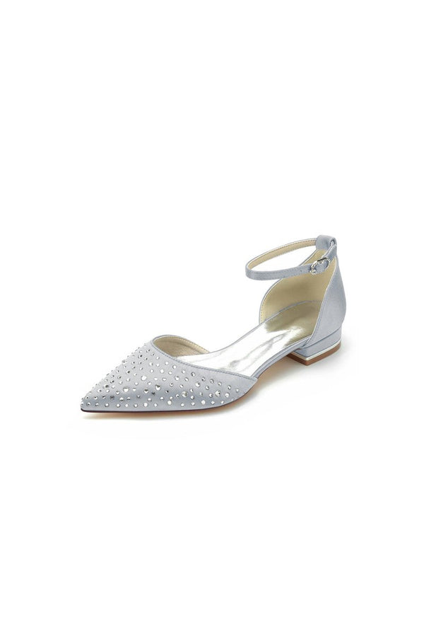 Pointed Toe Beaded Ankle Strap Buckle Kitten Heels - KissProm