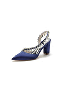 Pointed Toe Beaded Slip - on Satin Chunky Heels - KissProm