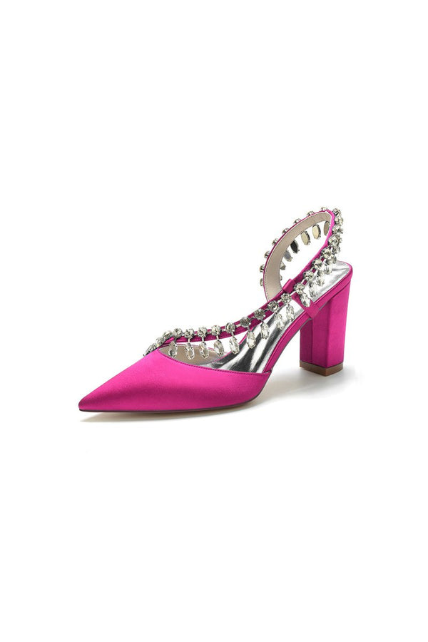 Pointed Toe Beaded Slip - on Satin Chunky Heels - KissProm