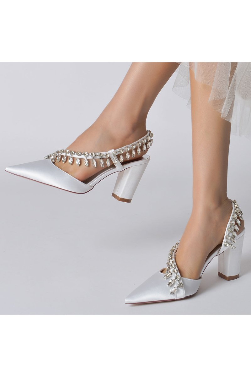 Pointed Toe Beaded Slip - on Satin Chunky Heels - KissProm
