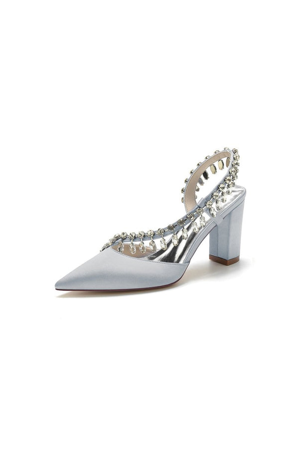 Pointed Toe Beaded Slip - on Satin Chunky Heels - KissProm