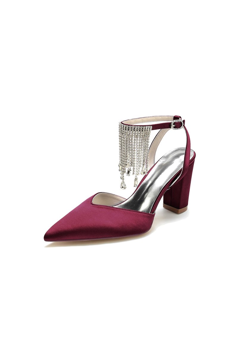 Pointed Toe Beading Tassel Satin Chunky Heels - KissProm