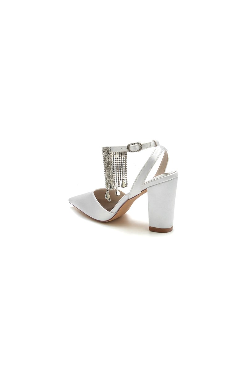 Pointed Toe Beading Tassel Satin Chunky Heels - KissProm
