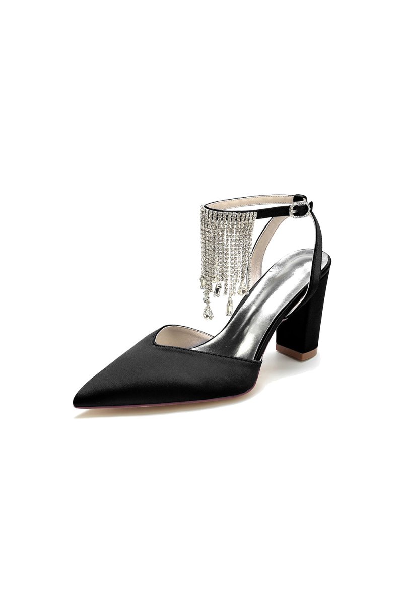 Pointed Toe Beading Tassel Satin Chunky Heels - KissProm