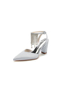 Pointed Toe Beading Tassel Satin Chunky Heels - KissProm