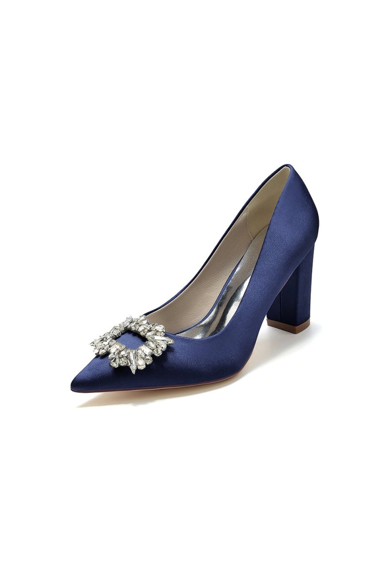 Pointed Toe Block Heels with Rhinestone