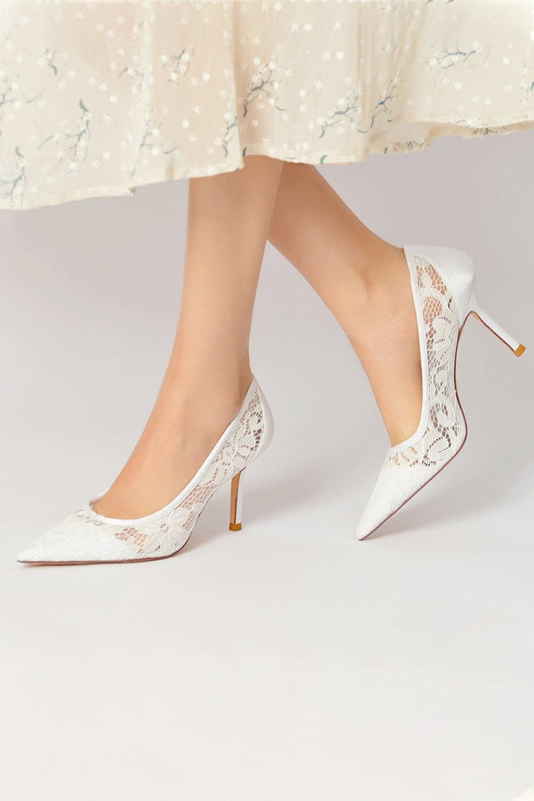 Pointed Toe Bridal Heels with Lace - KissProm