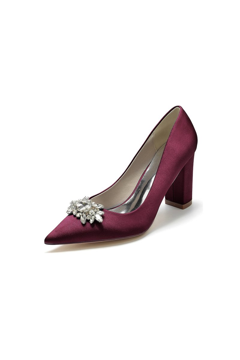 Pointed Toe Chunky Heels with Rhinestone - KissProm