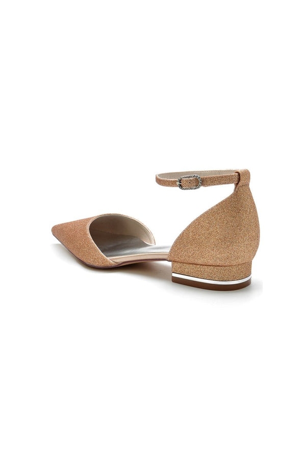 Pointed Toe Crystal Ankle Strap Low Heels - KissProm