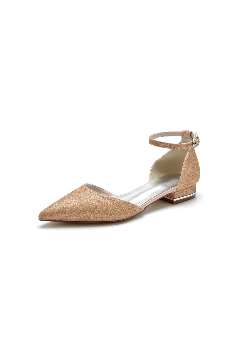 Pointed Toe Crystal Ankle Strap Low Heels - KissProm
