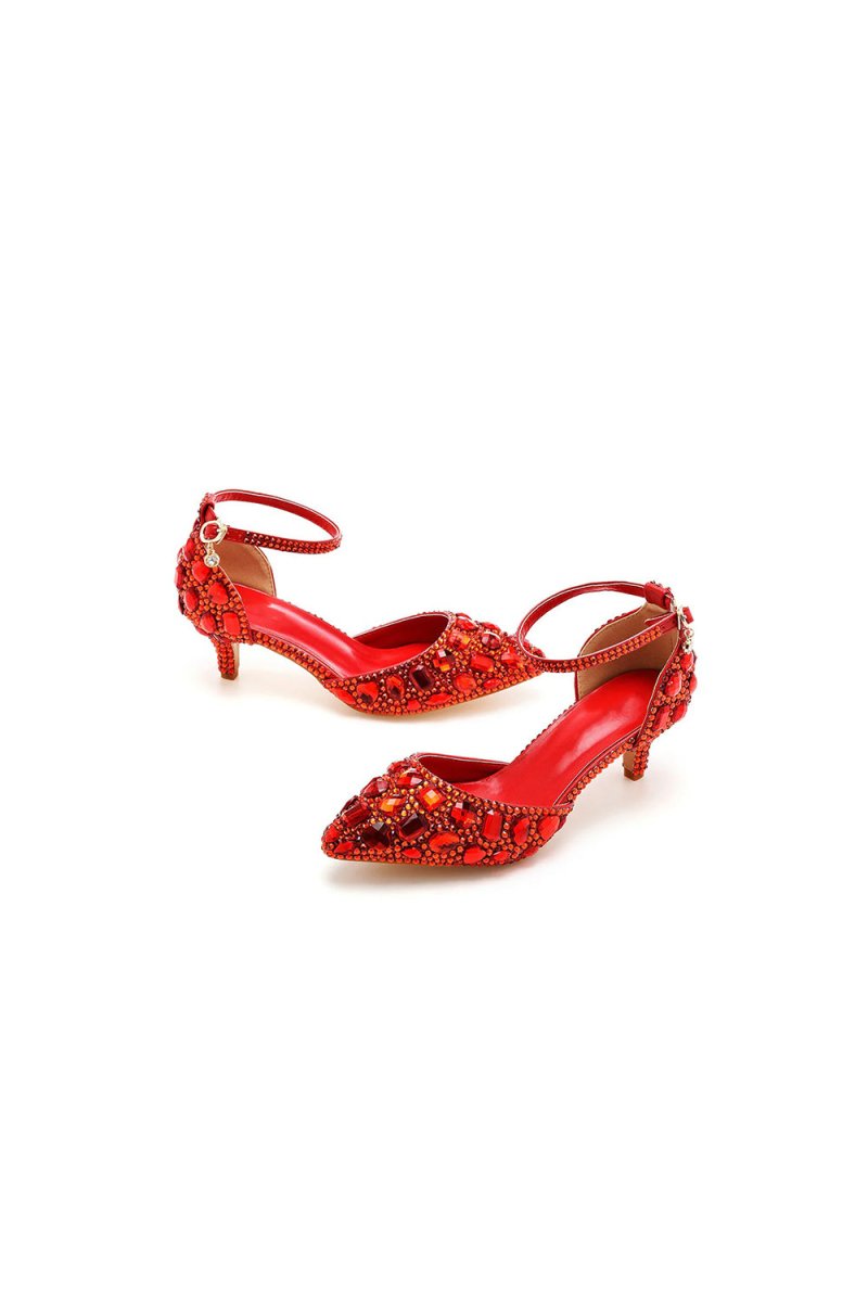 Pointed Toe Crystal Diamond Ankle Strap Kitten Heels - KissProm