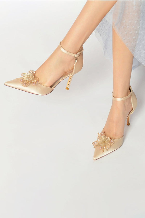 Pointed Toe Crystal Flower Ankle Strap Stiletto Heels - KissProm