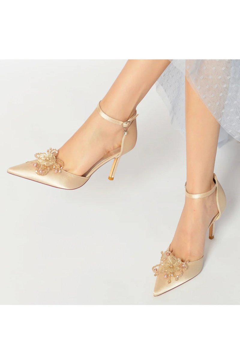 Pointed Toe Crystal Flower Ankle Strap Stiletto Heels - KissProm