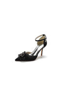 Pointed Toe Crystal Flower Ankle Strap Stiletto Heels - KissProm