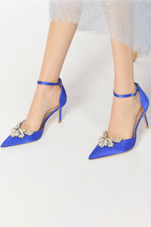 Pointed Toe Crystal Party Ankle Strap Heels Shoes - KissProm