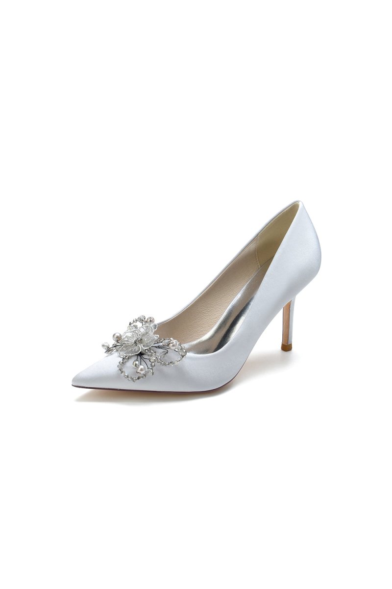 Pointed Toe Crystal & Pearl Flower Heels - KissProm