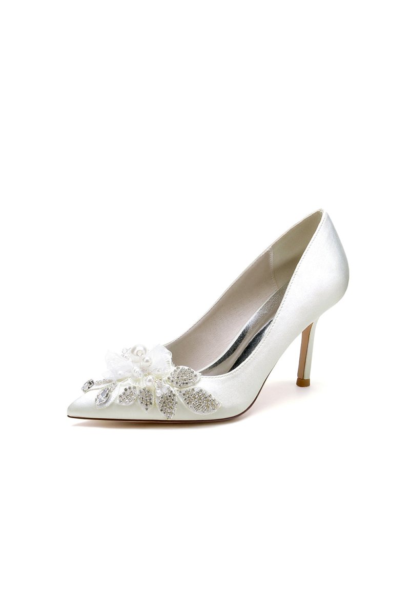 Pointed Toe Satin Bridal Heels with Crystal Flower - KissProm