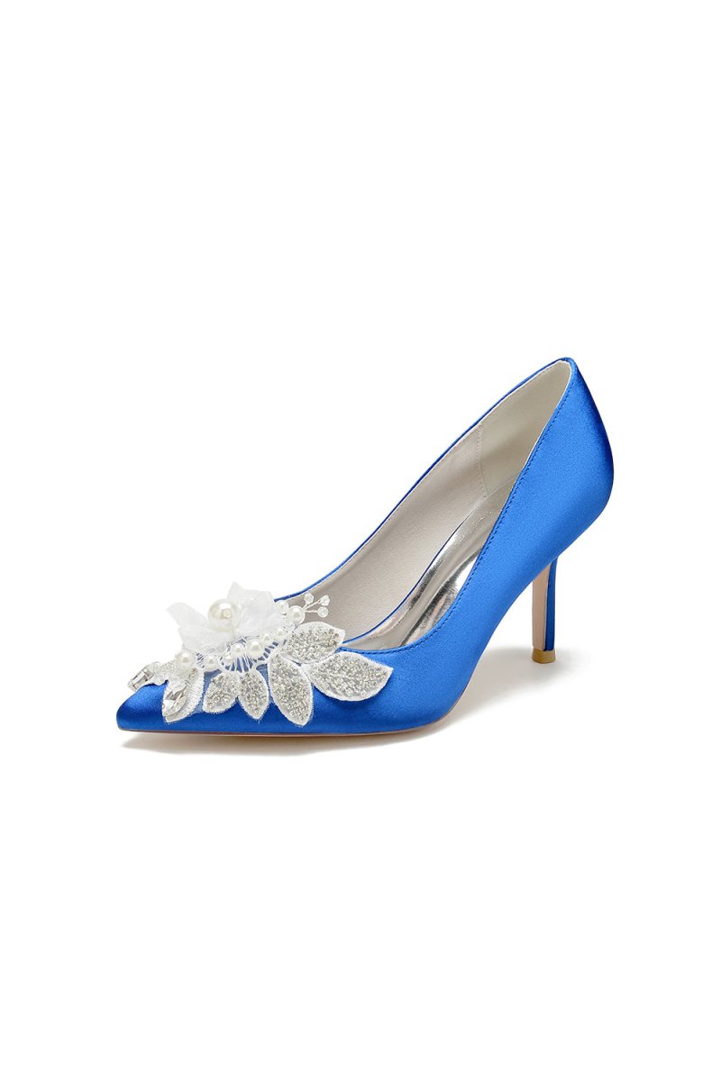 Pointed Toe Satin Bridal Heels with Crystal Flower - KissProm
