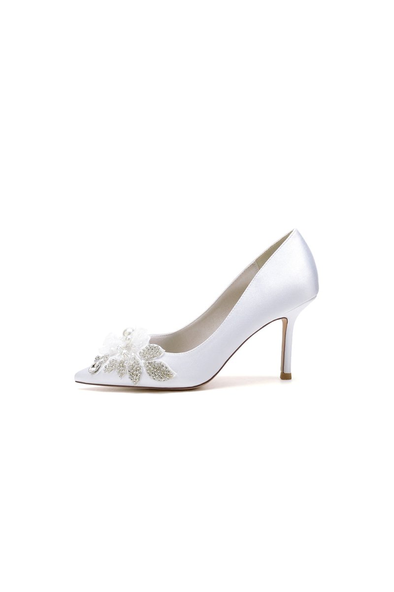 Pointed Toe Satin Bridal Heels with Crystal Flower - KissProm