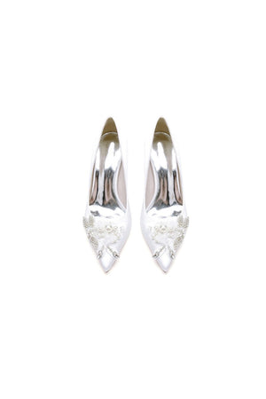 Pointed Toe Satin Bridal Heels with Crystal Flower - KissProm