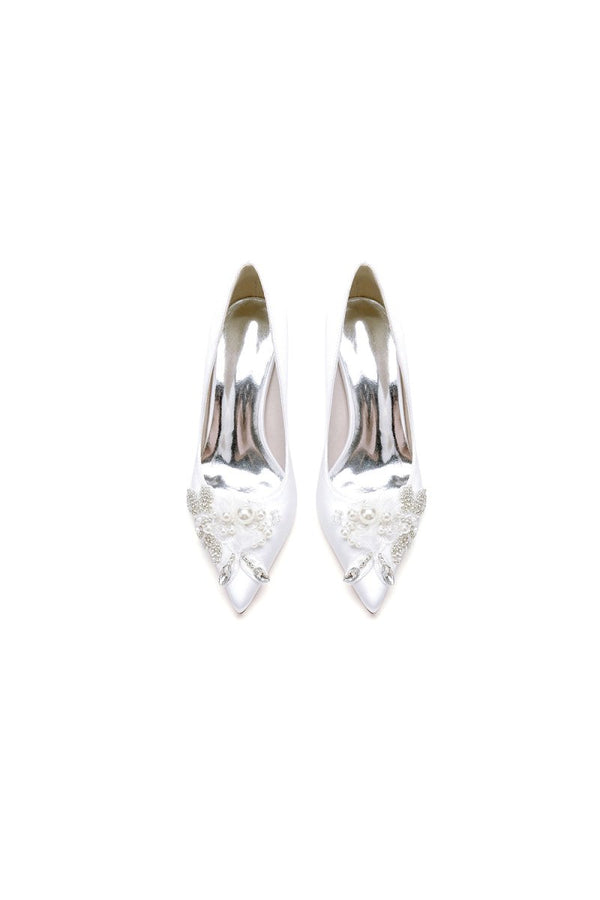 Pointed Toe Satin Bridal Heels with Crystal Flower - KissProm