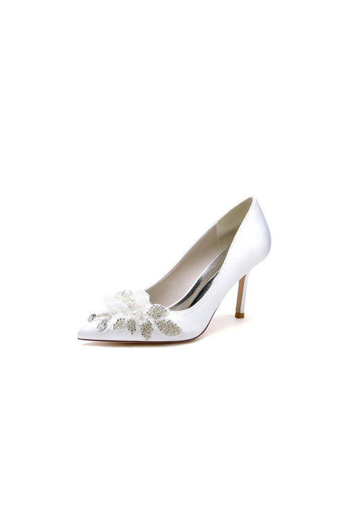 Pointed Toe Satin Bridal Heels with Crystal Flower - KissProm