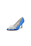 Pointed Toe Satin Bridal Heels with Crystal Flower - KissProm