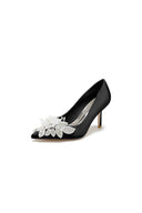 Pointed Toe Satin Bridal Heels with Crystal Flower - KissProm