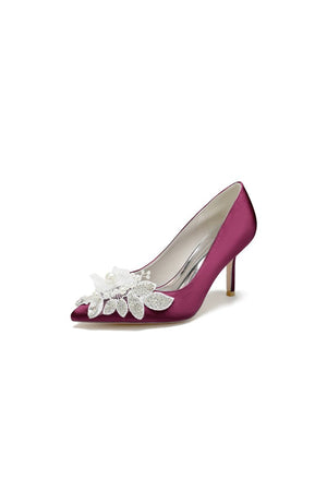 Pointed Toe Satin Bridal Heels with Crystal Flower - KissProm