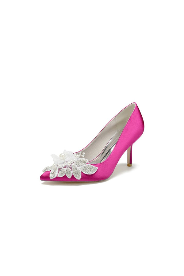 Pointed Toe Satin Bridal Heels with Crystal Flower - KissProm