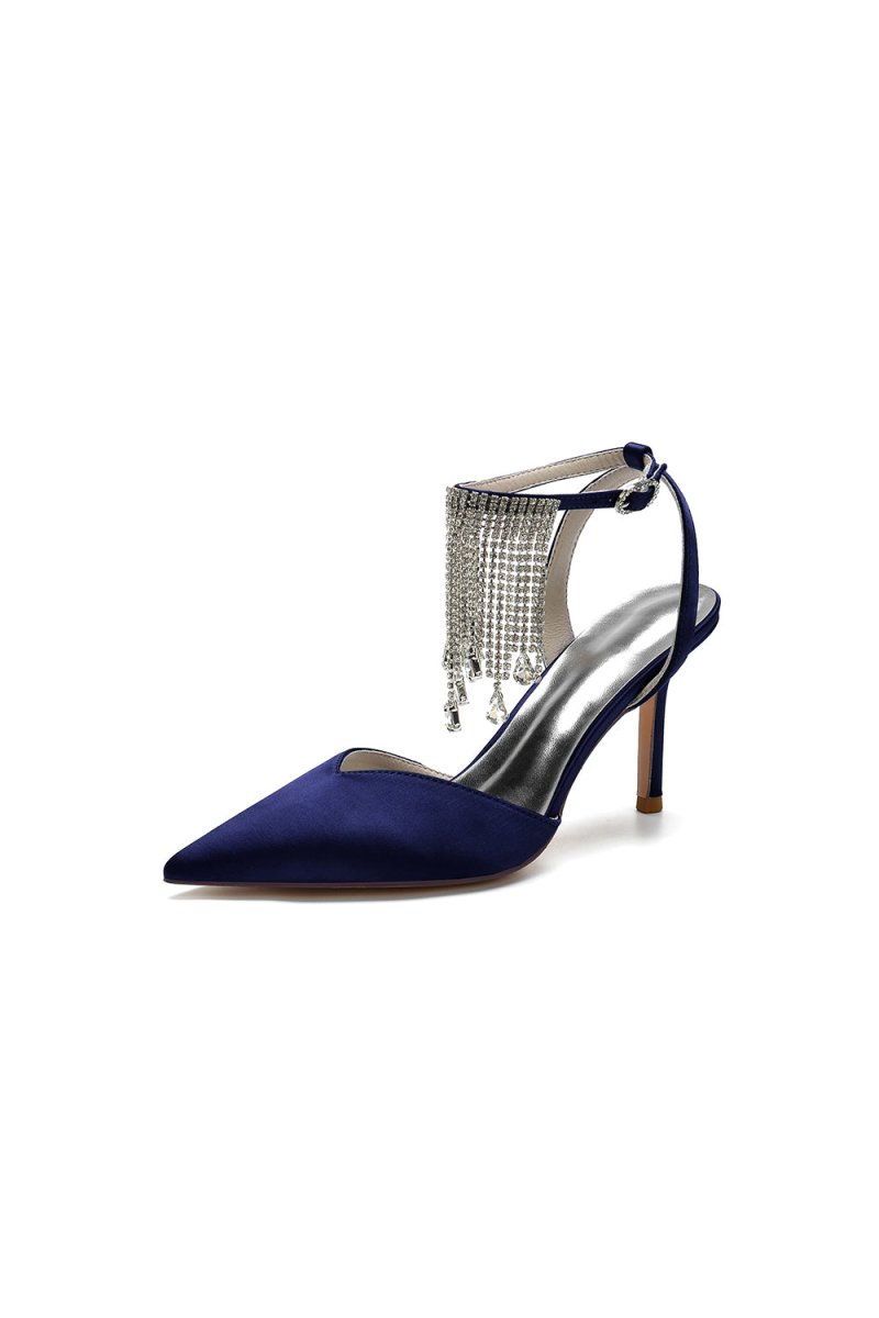 Pointed Toe Crystal Tassel Strap Heels - KissProm