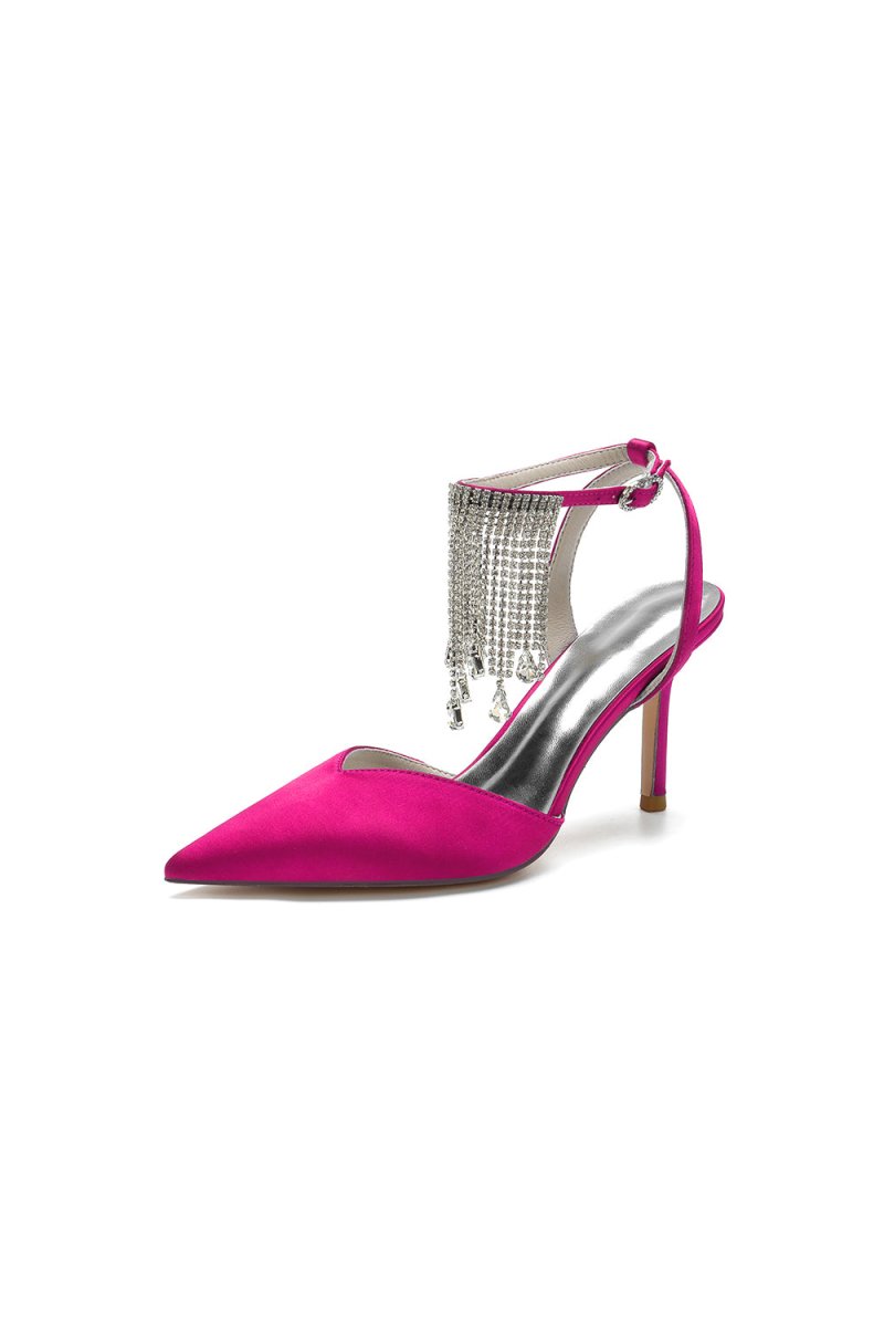 Pointed Toe Crystal Tassel Strap Heels - KissProm