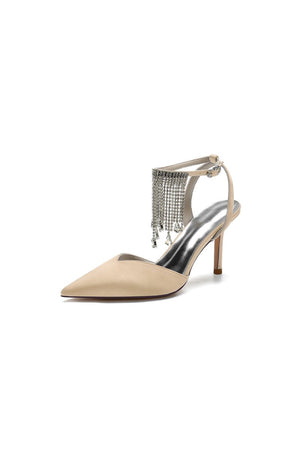 Pointed Toe Crystal Tassel Strap Heels - KissProm