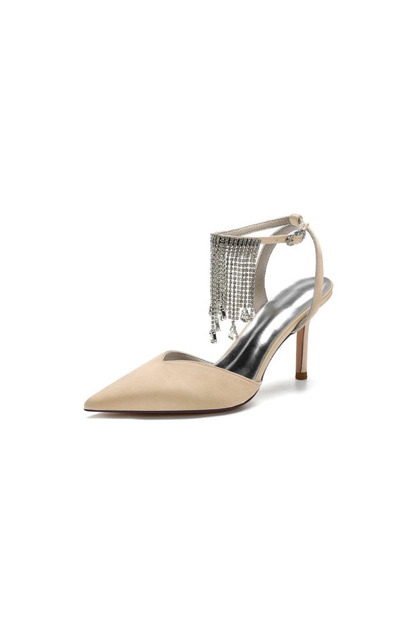 Pointed Toe Crystal Tassel Strap Heels - KissProm