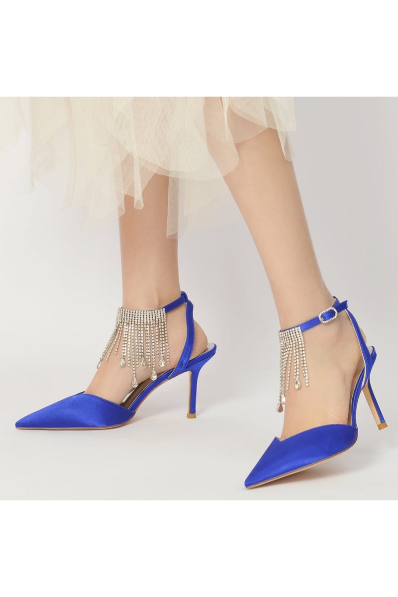 Pointed Toe Crystal Tassel Strap Heels - KissProm