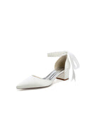 Pointed Toe Double Pearl Ankle Strap Party Shoes With Ribbon Tie - KissProm