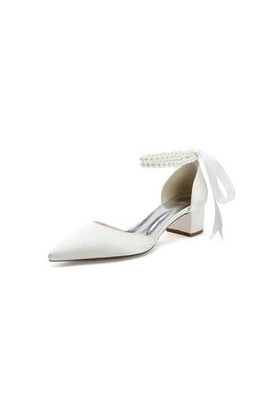 Pointed Toe Double Pearl Ankle Strap Party Shoes With Ribbon Tie - KissProm