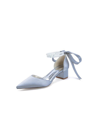 Pointed Toe Double Pearl Ankle Strap Party Shoes With Ribbon Tie - KissProm